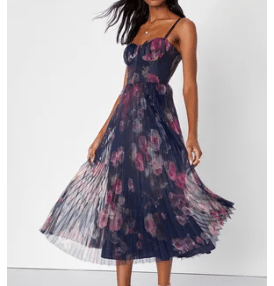 Blue Floral Pleated Bustier Midi Dress - CATALINA - Lend the Trend renta de vestidos mexico