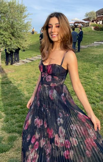 Blue Floral Pleated Bustier Midi Dress - CATALINA - Lend the Trend renta de vestidos mexico